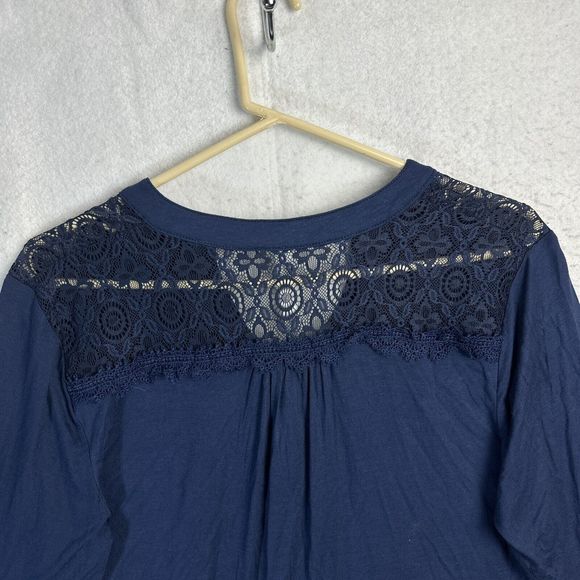 NY Collection Blouse Women P Large Blue 1/4 Button Up Mesh Insert Long Sleeve - Picture 8 of 11